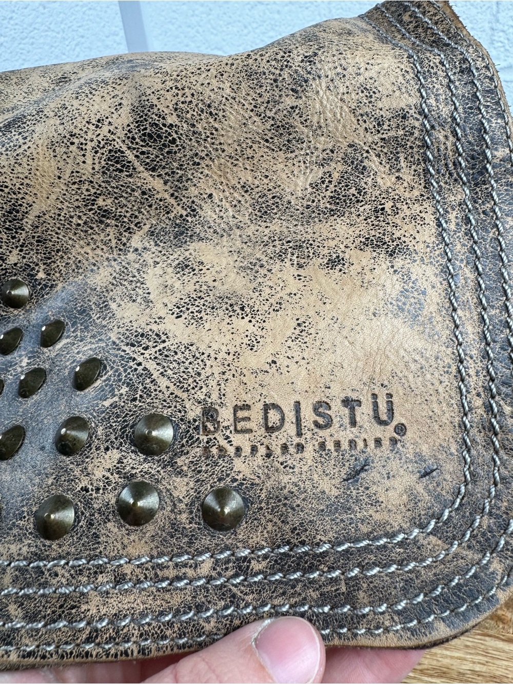 BEDISTU Distressed Leather Studded Flap Crossbody Bag Rustic Brown - Picture 3 of 12